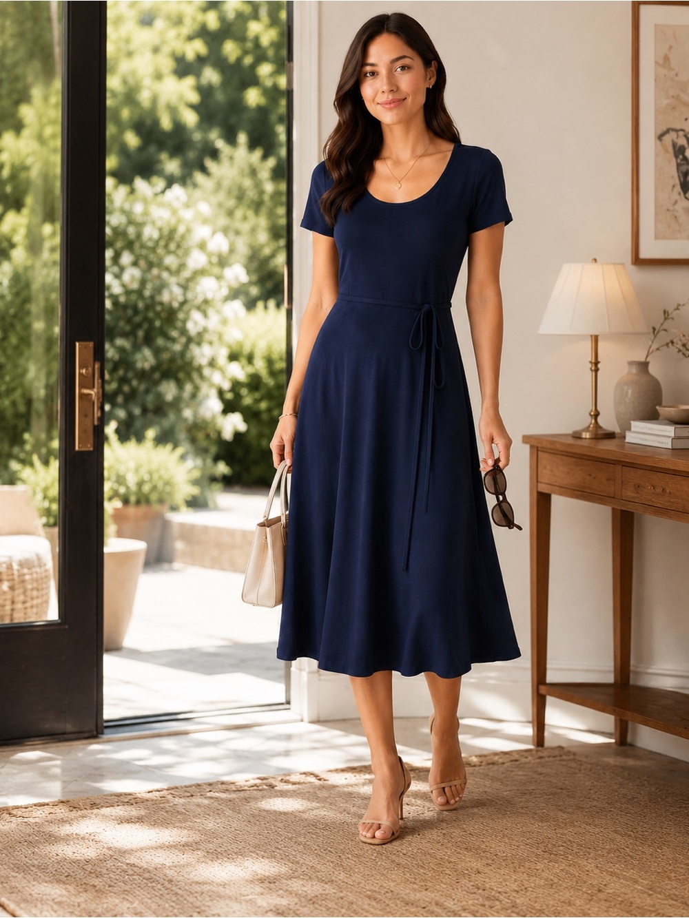 Club Monaco Navy Blue Scoop Neck Tie Waist Midi A-Line Dress